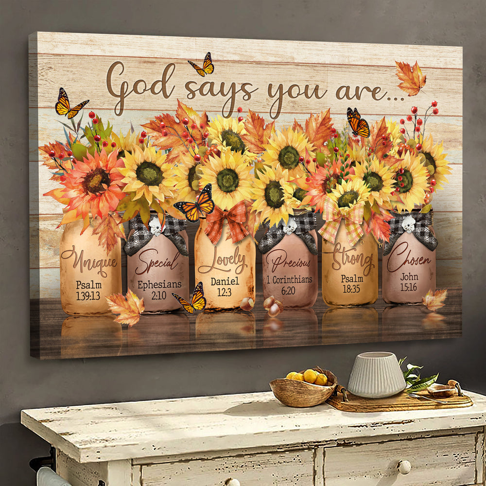 Sunflower Drawing Autumn Painting God Says You Are Canvas Wall Art - Christian Poster - Religious Wall Decor