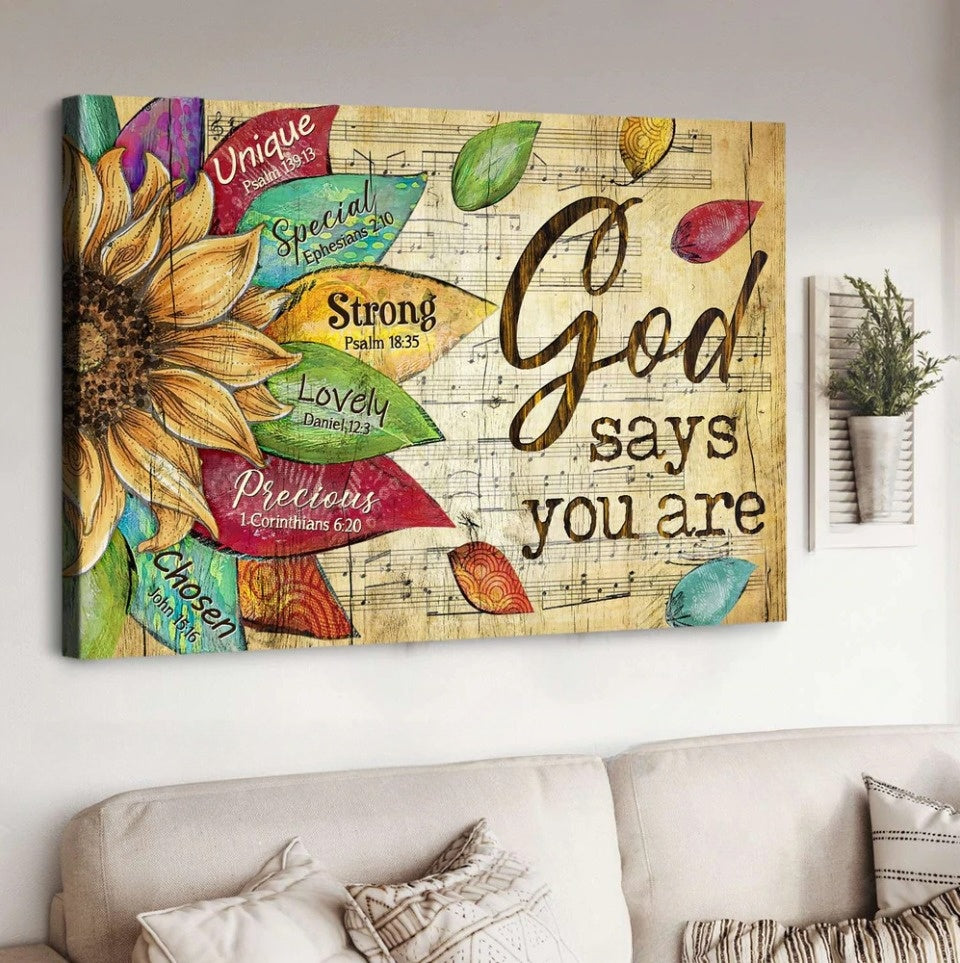 Sunflower Drawing Flower Petals Music Sheet God Says You Are Canvas Wall Art - Christian Poster - Religious Wall Decor