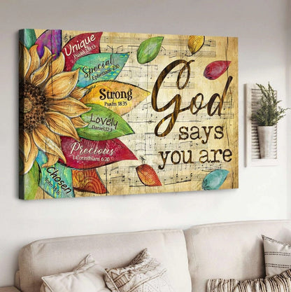 Sunflower Drawing Flower Petals Music Sheet God Says You Are Canvas Wall Art - Christian Poster - Religious Wall Decor