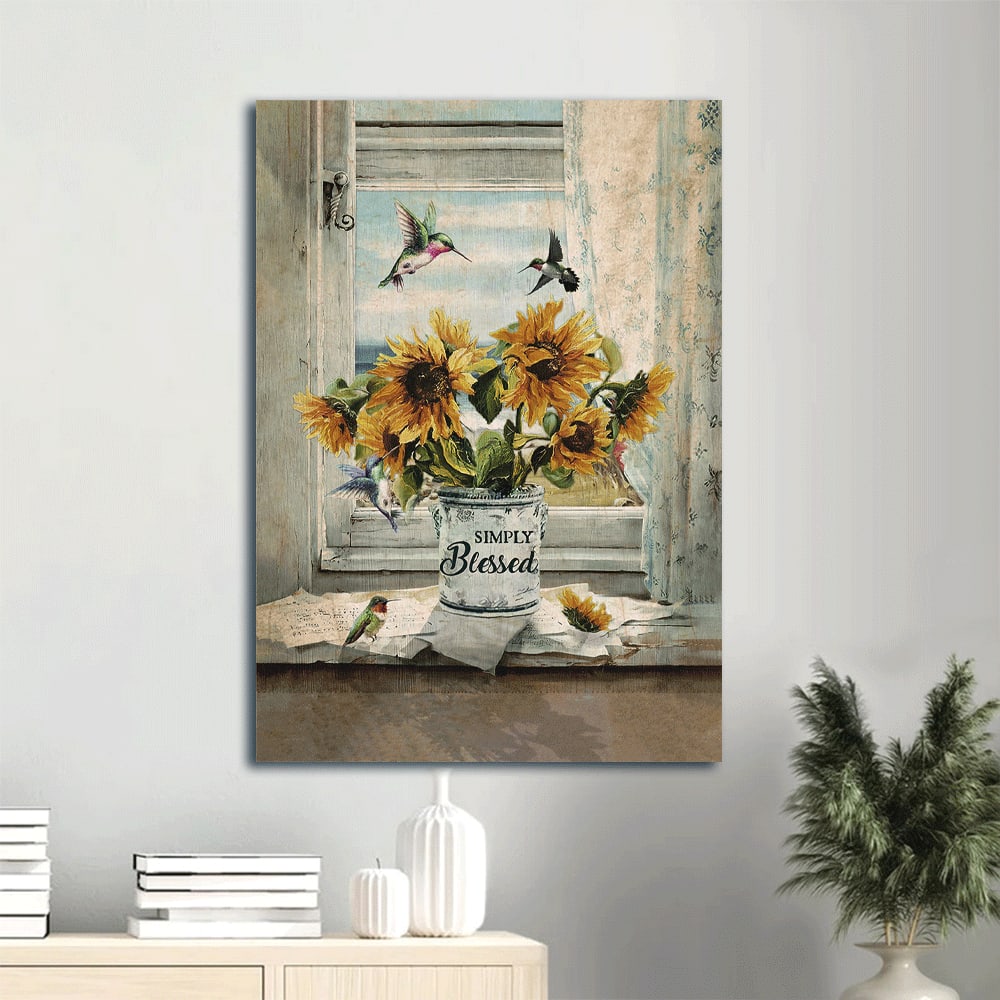 Sunflower Drawing Hummingbird Painting Simply Blessed Canvas Wall Art - Christian Gift