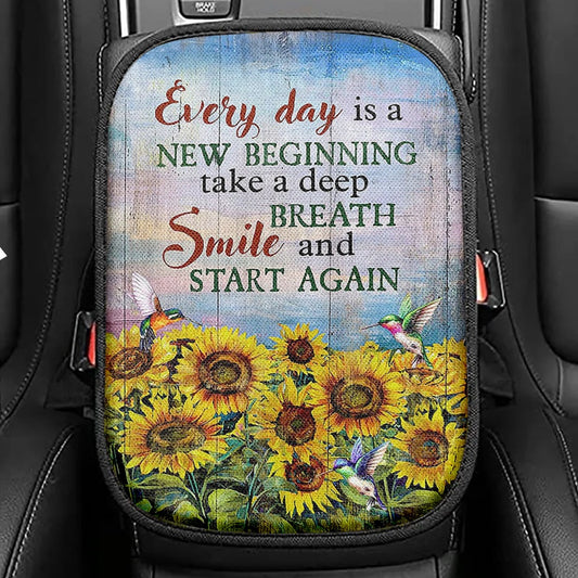 Sunflower Every Day Is A New Beginning Seat Box Cover, Christian Car Center Console Cover, Bible Verse Car Interior Accessories
