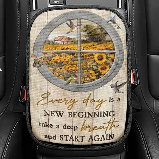 Sunflower Garden, Hummingbird, Circle Window, Everyday Is A New Beginning Car Center Console Cover, Christian Armrest Seat Cover, Bible Seat Box Cover