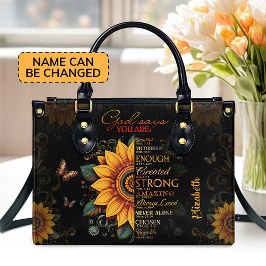 Sunflower God Says You Are  Personalized Leather Handbag With Zipper - Inspirational Gift Christian Ladies