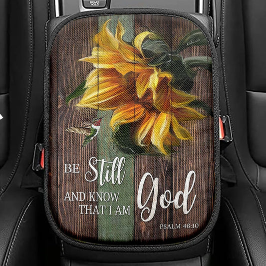 Sunflower Hummingbird Be Still And Know That I Am God Seat Box Cover, Christian Car Center Console Cover, Bible Verse Car Interior Accessories