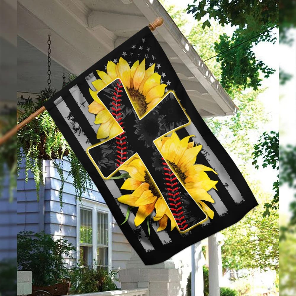 Sunflower Jesus Jesus And Softball Sunflower Christian Cross House Flag - Christian Garden Flags - Outdoor Religious Flags