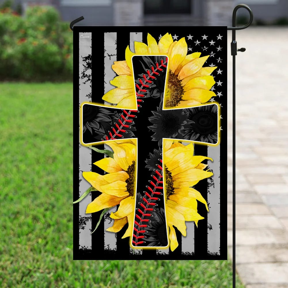 Sunflower Jesus Jesus And Softball Sunflower Christian Cross House Flag - Christian Garden Flags - Outdoor Religious Flags