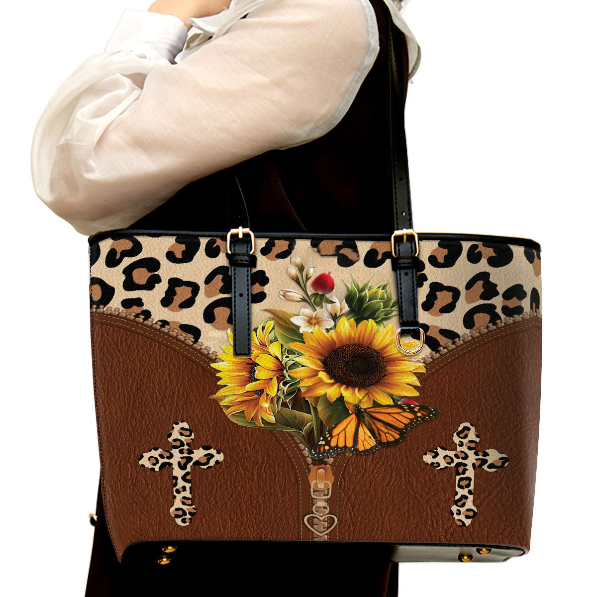 Sunflower Large Leather Tote Bag - Christ Gifts For Religious Women - Best Mother's Day Gifts