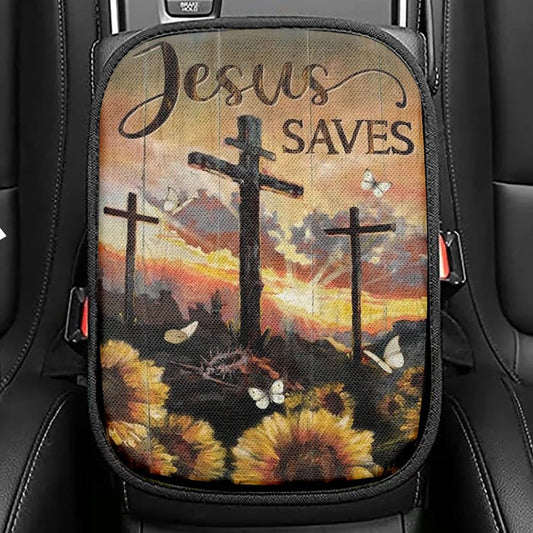 Sunflower Painting, Wooden Crosses, Jesus Saves Car Center Console Cover, Christian Armrest Seat Cover, Bible Seat Box Cover