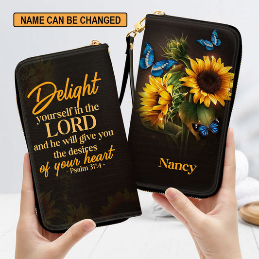 Sunflower Psalm 374 Delight Yourself In The Lord Inspirational Gifts For Women Clutch Purse For Women - Personalized Name - Christian Gifts For Women