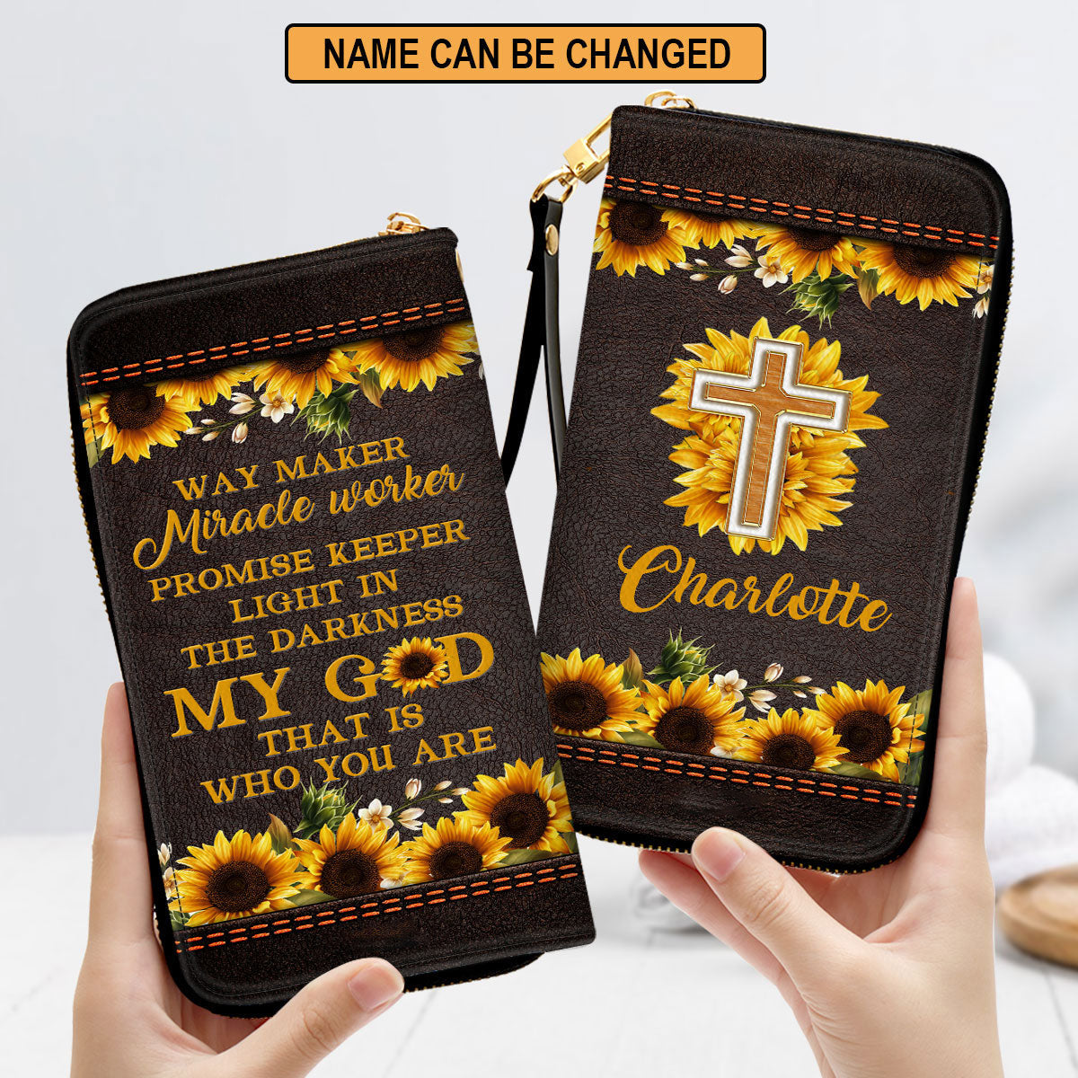 Sunflower Scripture Gifts For Christ Women Way Maker And Miracle Worker Clutch Purse For Women - Personalized Name - Christian Gifts For Women
