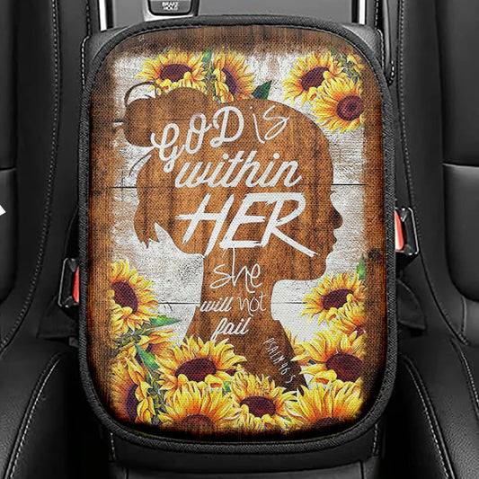 Sunflower Shadow Girl God Is Within Her She Will Not Fail Seat Box Cover, Christian Car Center Console Cover, Bible Verse Car Interior Accessories