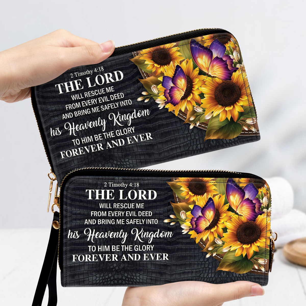 Sunflower The Lord Will Bring Me Safely Into His Heavenly Kingdom Clutch Purse For Women - Personalized Name - Christian Gifts For Women