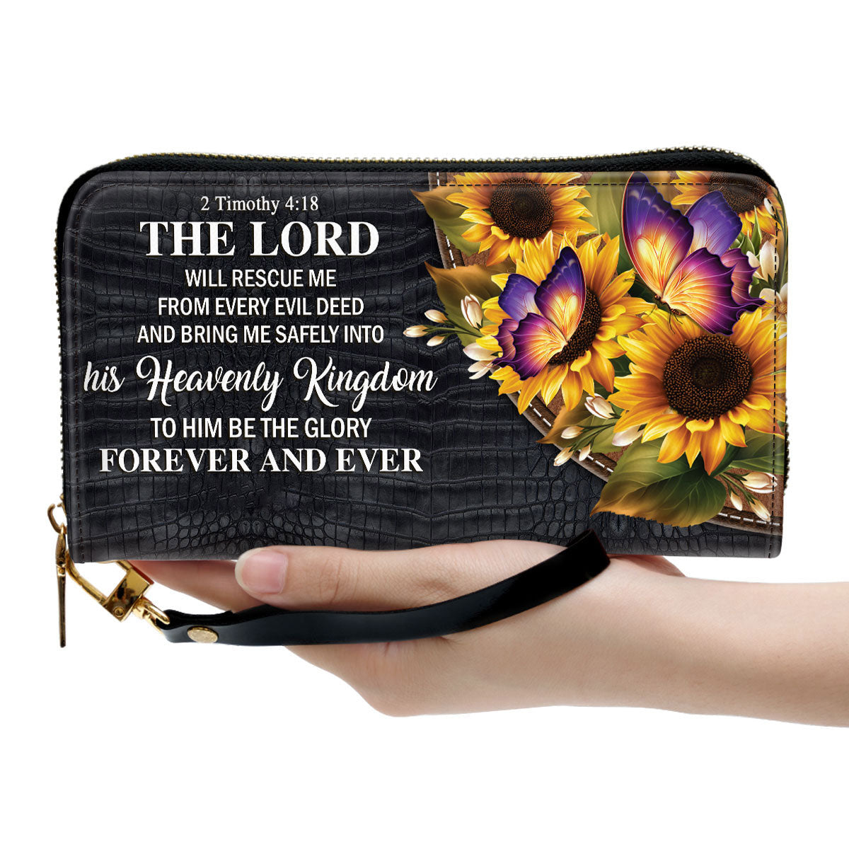 Sunflower The Lord Will Bring Me Safely Into His Heavenly Kingdom Clutch Purse For Women - Personalized Name - Christian Gifts For Women
