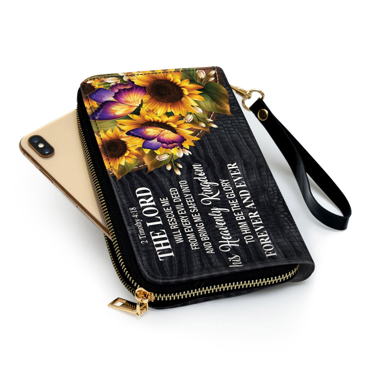 Sunflower The Lord Will Bring Me Safely Into His Heavenly Kingdom Clutch Purse For Women - Personalized Name - Christian Gifts For Women