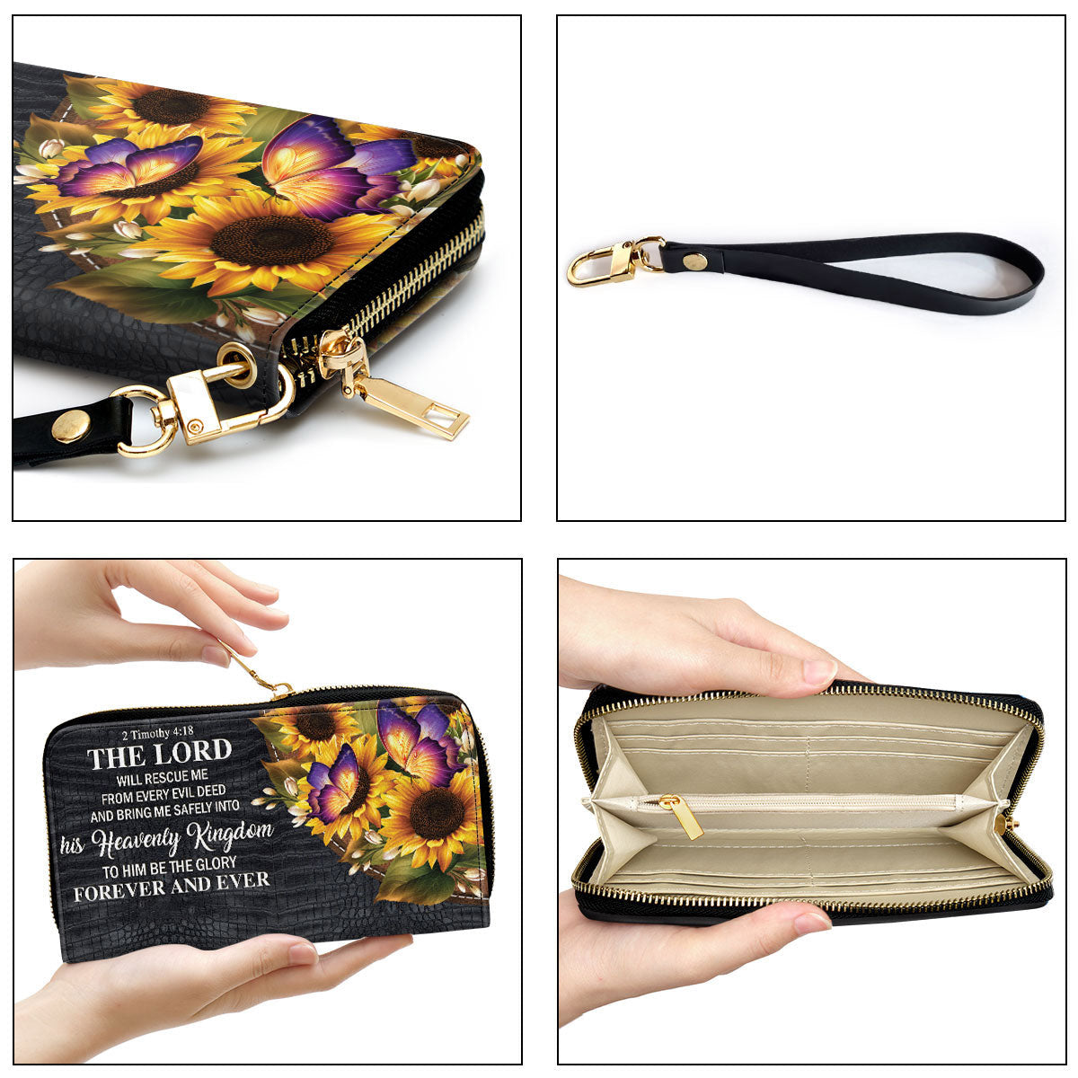 Sunflower The Lord Will Bring Me Safely Into His Heavenly Kingdom Clutch Purse For Women - Personalized Name - Christian Gifts For Women