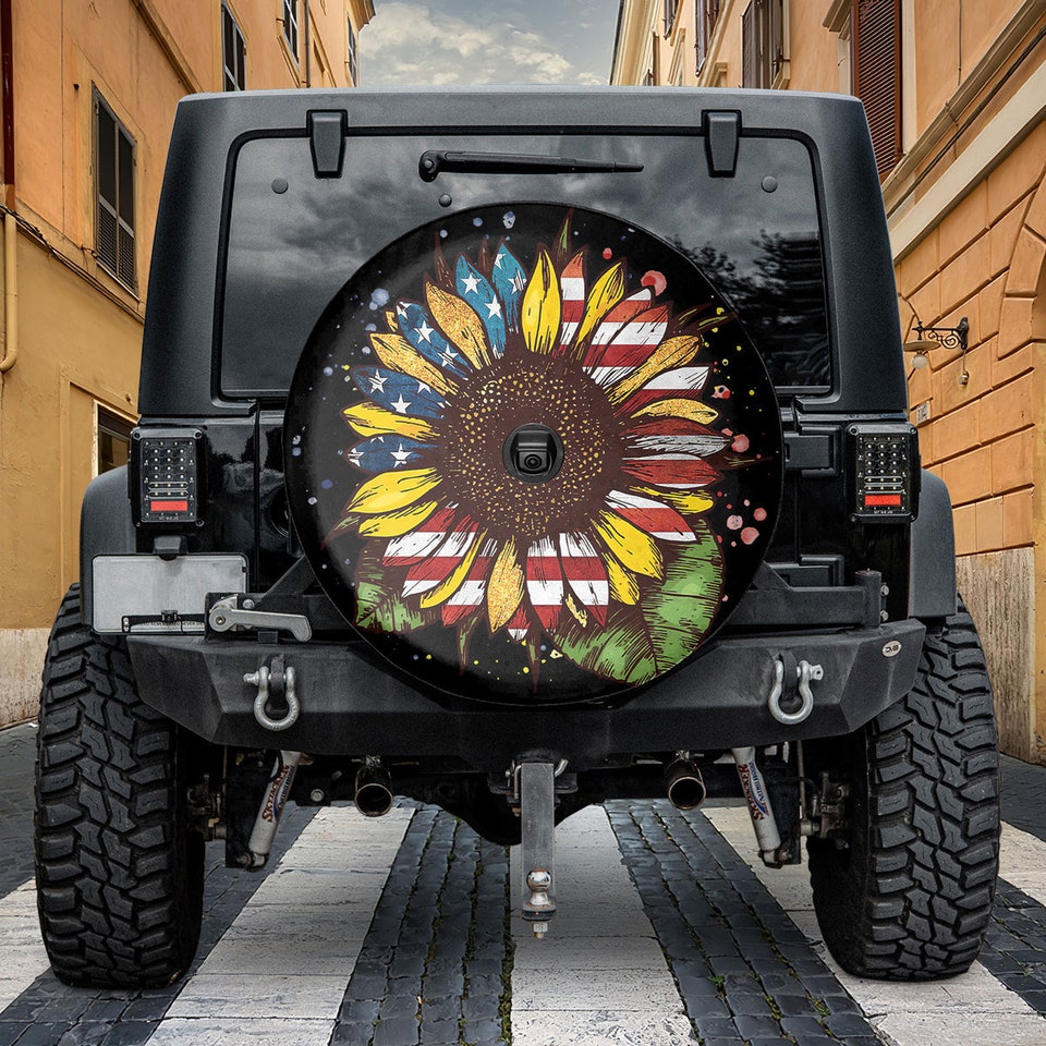 Sunflower Tire Cover, Peace Sunflower American Flag Spare Tire Cover