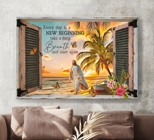 Sunrise Beach Jesus Every Day Is A New Beginning Canvas Wall Art - Jesus Canvas Pictures - Christian Wall Posters