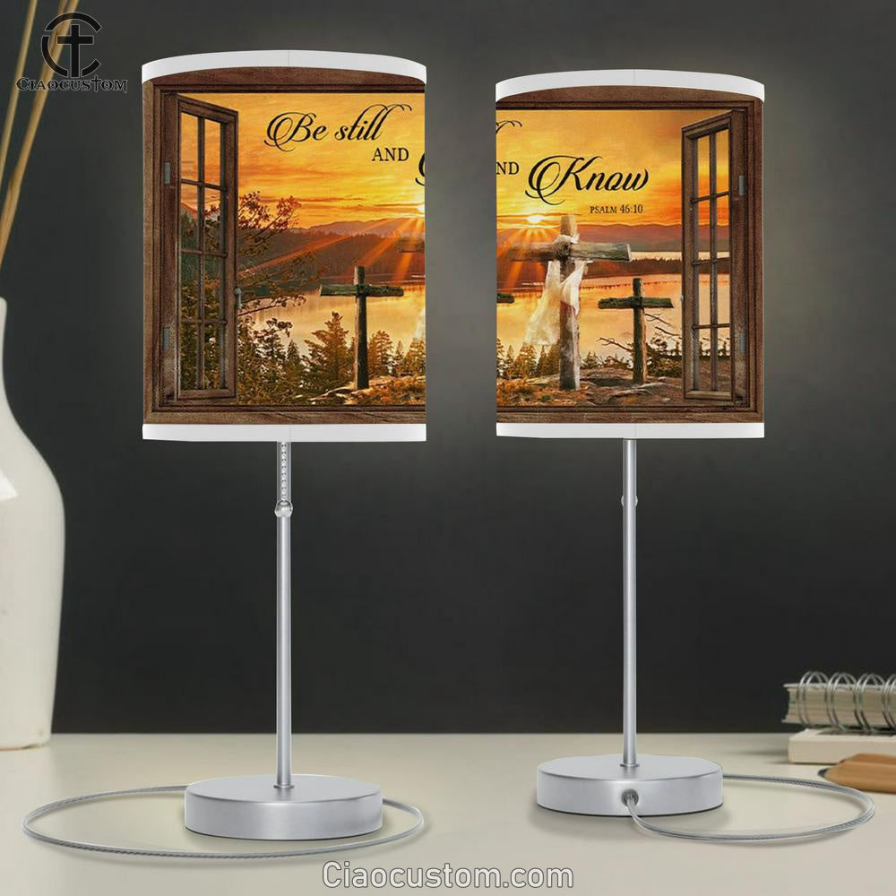 Sunset Cross - Be Still And Know Psalm 4610 Bible Verse Table Lamp For Bedroom - Christian Room Decor