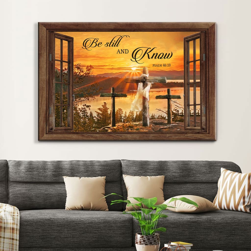 Sunset Cross, Be Still And Know Psalm 4610 Bible Verse Wall Art Canvas - Religious Wall Decor