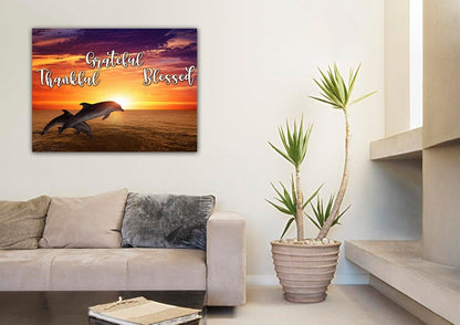 Sunset Dolphins Thankful, Grateful & Blessed Wall Art - Christian Canvas Wall Art