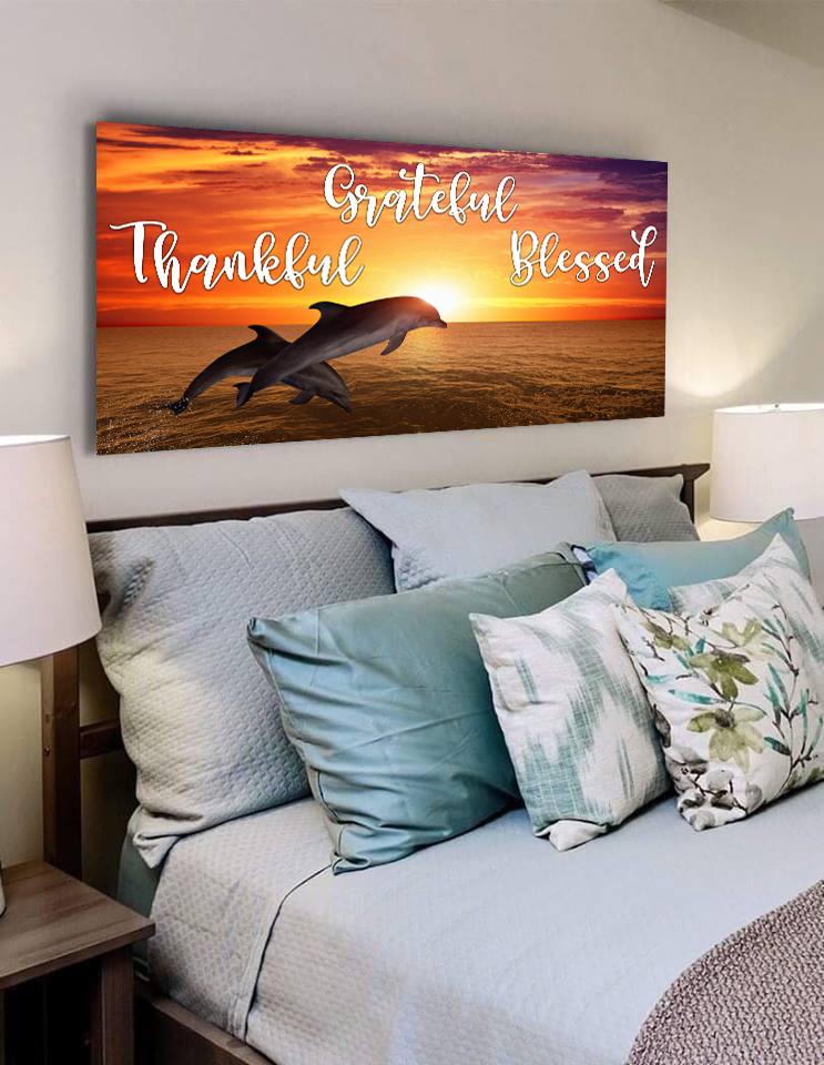 Sunset Dolphins Thankful, Grateful & Blessed Wall Art - Christian Canvas Wall Art
