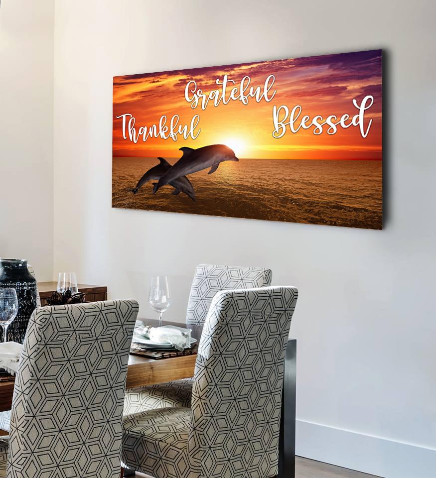 Sunset Dolphins Thankful, Grateful & Blessed Wall Art - Christian Canvas Wall Art