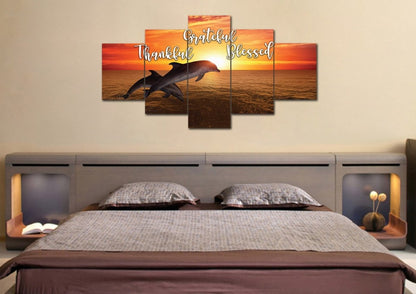 Sunset Dolphins Thankful, Grateful & Blessed Wall Art - Christian Canvas Wall Art