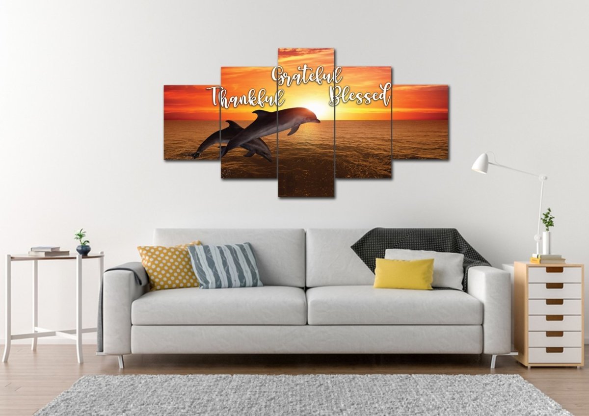 Sunset Dolphins Thankful, Grateful & Blessed Wall Art - Christian Canvas Wall Art