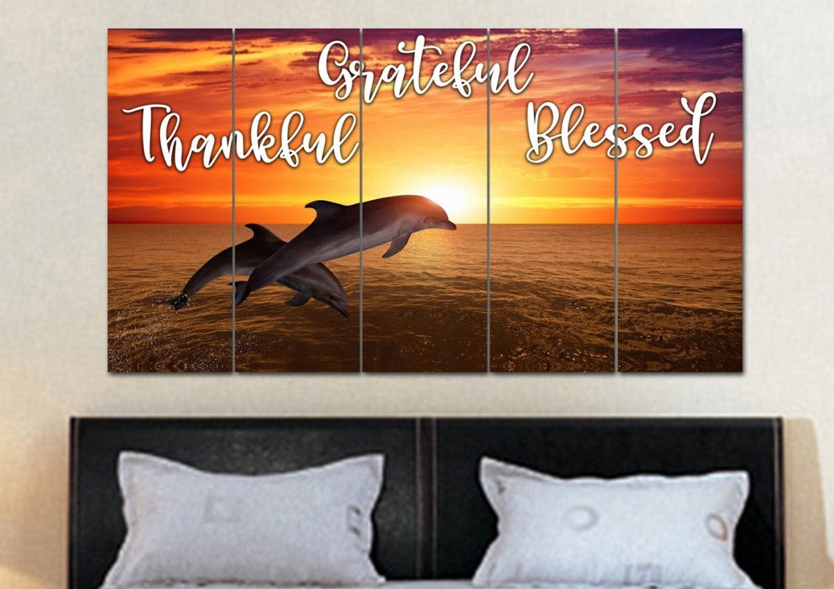 Sunset Dolphins Thankful, Grateful & Blessed Wall Art - Christian Canvas Wall Art