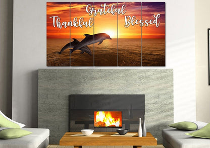 Sunset Dolphins Thankful, Grateful & Blessed Wall Art - Christian Canvas Wall Art