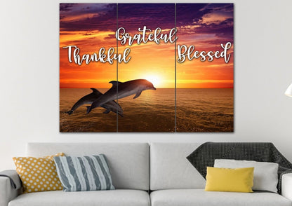 Sunset Dolphins Thankful, Grateful & Blessed Wall Art - Christian Canvas Wall Art
