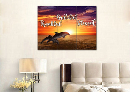 Sunset Dolphins Thankful, Grateful & Blessed Wall Art - Christian Canvas Wall Art
