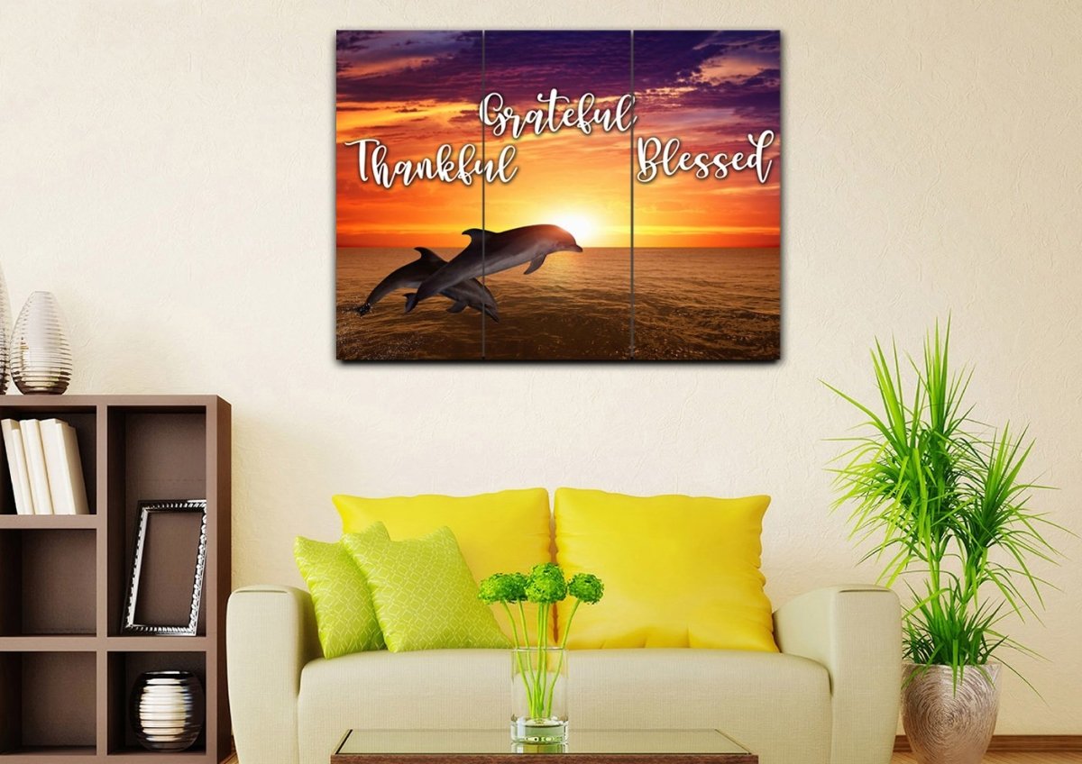 Sunset Dolphins Thankful, Grateful & Blessed Wall Art - Christian Canvas Wall Art