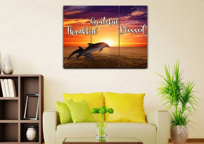 Sunset Dolphins Thankful, Grateful & Blessed Wall Art - Christian Canvas Wall Art