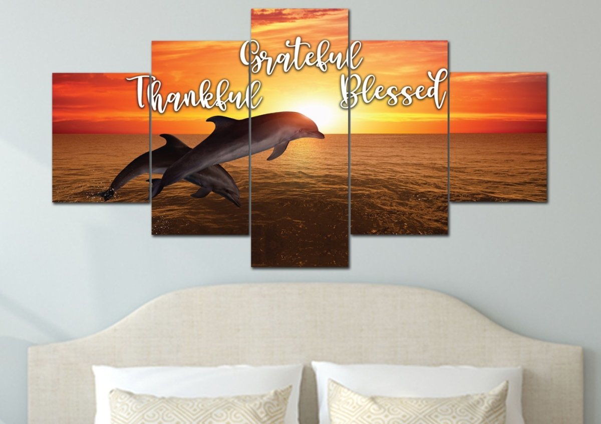 Sunset Dolphins Thankful, Grateful & Blessed Wall Art - Christian Canvas Wall Art