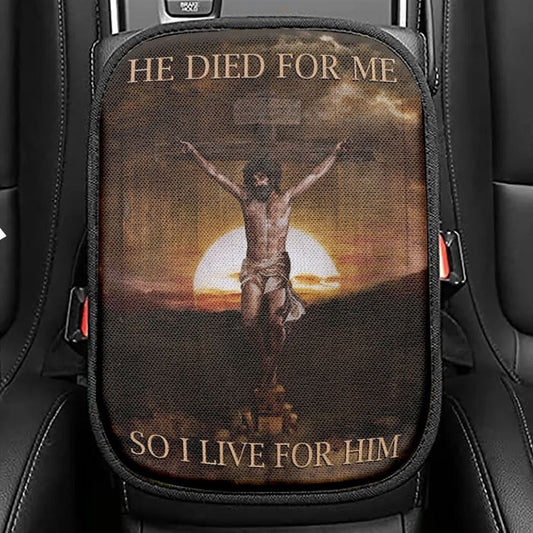Sunset He Died For Me Jesus Car Center Console Cover, Christian Armrest Seat Cover, Bible Seat Box Cover