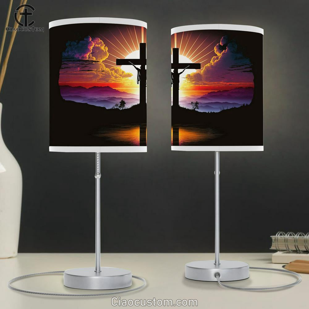 Sunset Jesus Christ Cross Table Lamp Pictures - Faith Art - Christian Table Lamp For Bedroom Decor