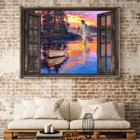 Sunset Through The Windows Jesus Walking On Water Canvas Wall Art - Jesus Canvas Pictures - Christian Wall Posters