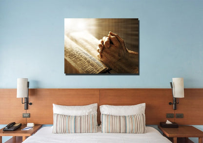 Sunshine On Holy Bible & Praying Hands Wall Art - Christian Canvas Wall Art