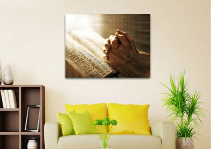 Sunshine On Holy Bible & Praying Hands Wall Art - Christian Canvas Wall Art