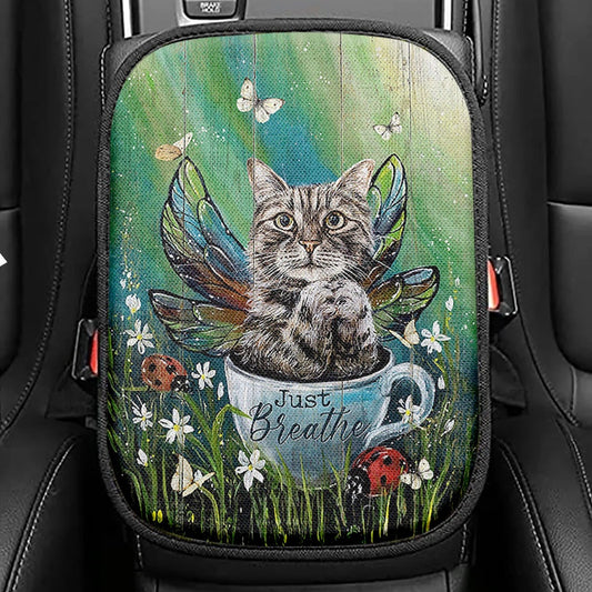 Tabby Cat Just Breathe Seat Box Cover, Christian Car Center Console Cover, Gift For Cat Lover