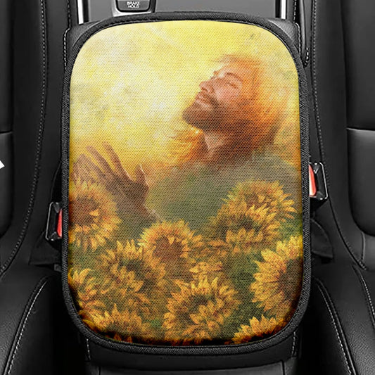 Take A Deep Breath Jesus And Beautiful Sunflower Seat Box Cover, Jesus Christ Car Center Console Cover, Christian Car Interior Accessories