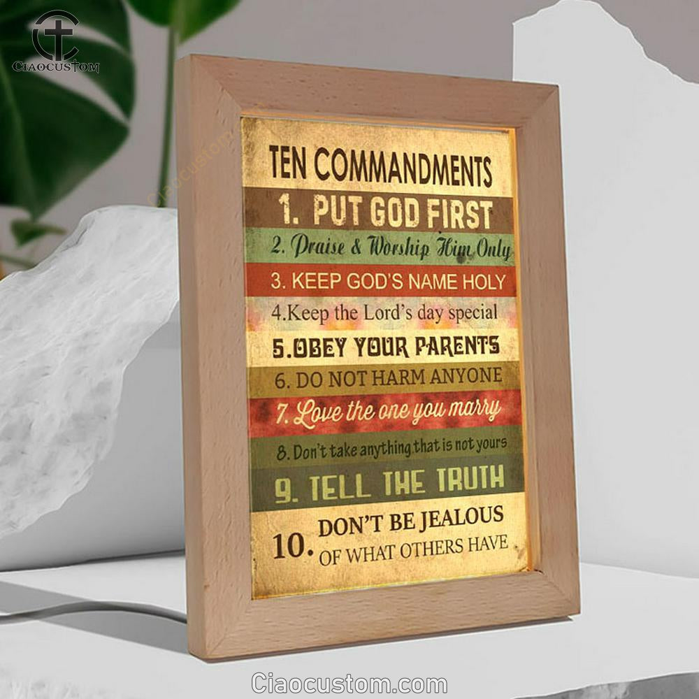 Ten Commandments - Christian Frame Lamp Prints - Bible Verse Wooden Lamp - Scripture Night Light