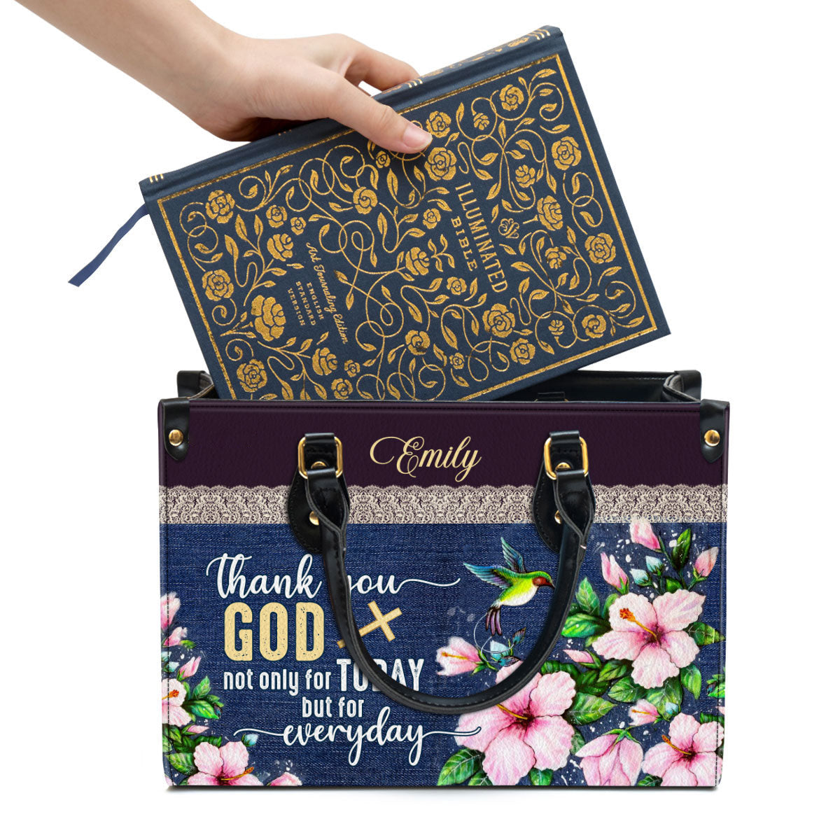 Thank You God Not Only For Today But For Everyday Flower And Humming Bird Leather Bag - Personalized Leather Bag for Christian Women