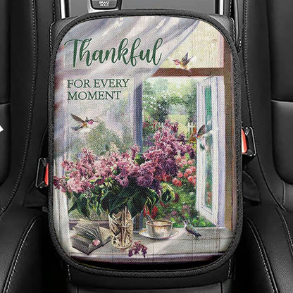 Thankful For Every Moment Lavender Peaceful Hummingbird Seat Box Cover, Inspirational Car Center Console Cover, Christian Car Interior Accessories
