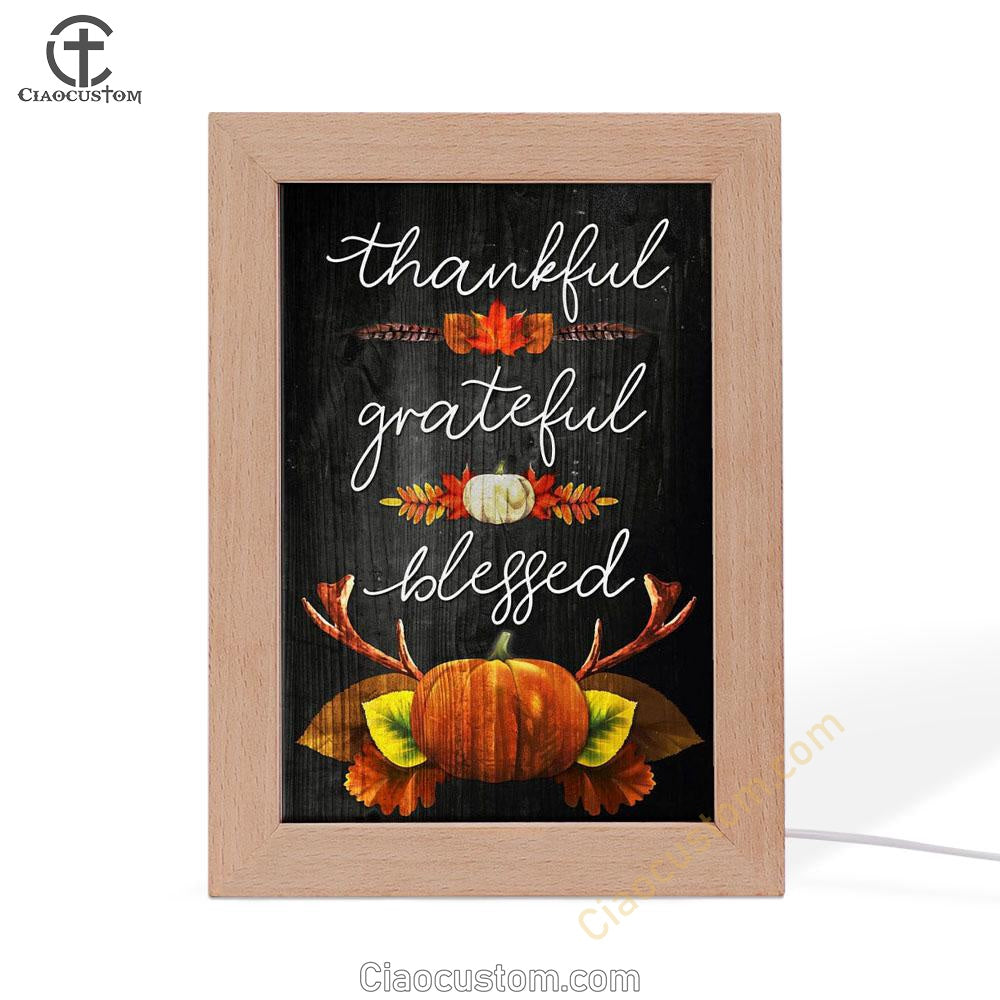 Thankful Grateful Blessed Christian Thanksgiving Frame Lamp Prints - Bible Verse Wooden Lamp - Scripture Night Light