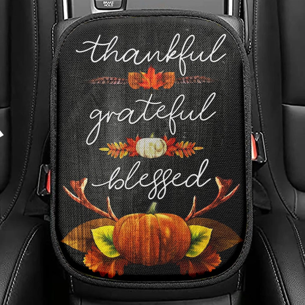 Thankful Grateful Blessed Christian Thanksgiving Seat Box Cover, Bible Verse Car Center Console Cover, Scripture Interior Car Accessories