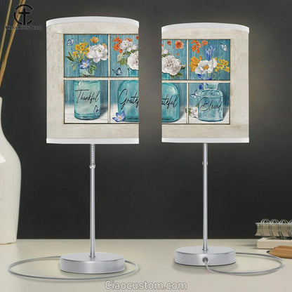 Thankful Grateful Blessed Flower Vases Butterfly Table Lamp Art - Christian Lamp Art Decor - Bible Verse Table Lamp