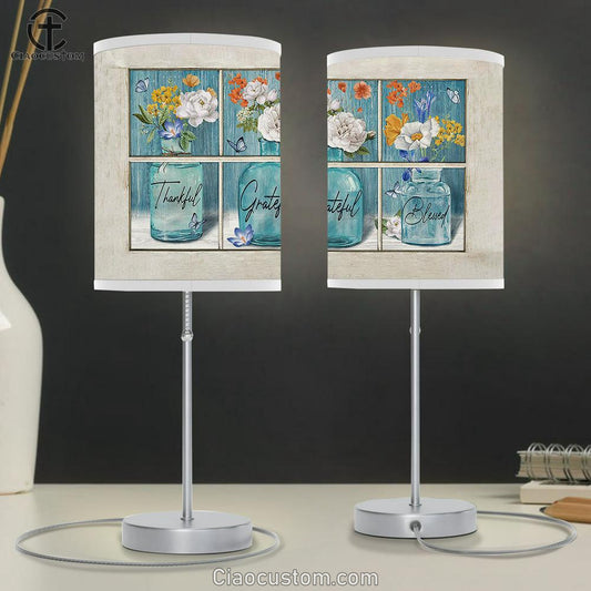 Thankful Grateful Blessed Flower Vases Butterfly Table Lamp Art - Christian Lamp Art Decor - Bible Verse Table Lamp