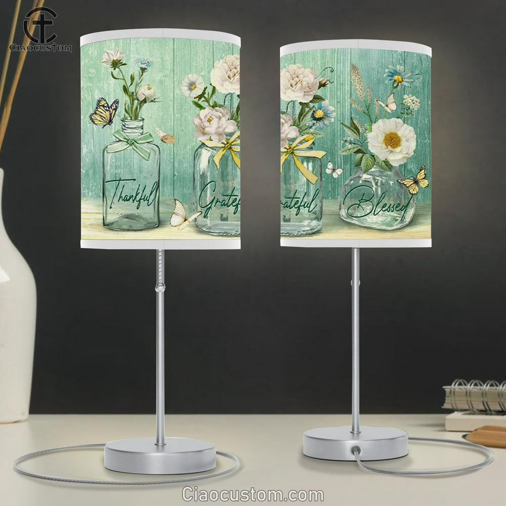 Thankful Grateful Blessed Table Lamp For Bedroom - Butterfly Flower - Christian Room Decor
